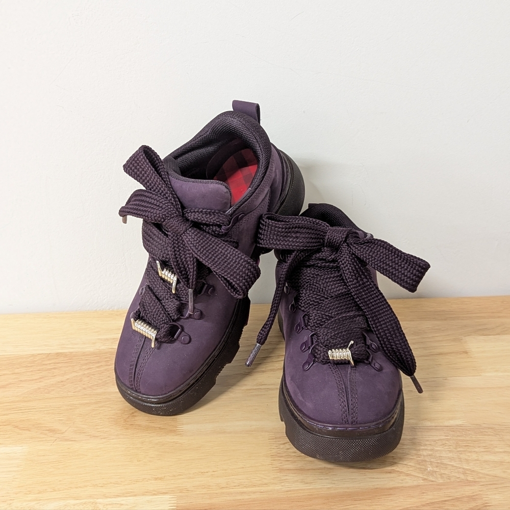 Burberry Women'sPurple Aubergine Lace-Up Leather Trek Ankle Boots, Brand Size 39 - Picture 2 of 9